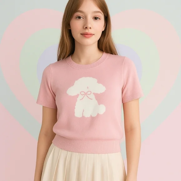 EUC Debut Pink Knit Short Sleeve Poodle Graphic Sweater Top M/L - Picture 3 of 11